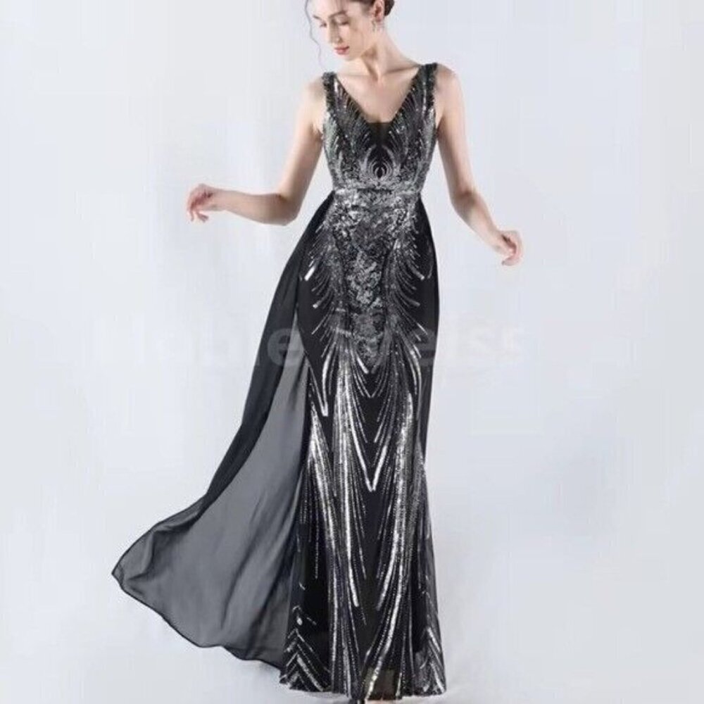 Black, Draped Skirt, Beaded Back,  V Neck,  Sleeveless, Sequined Mermaid…